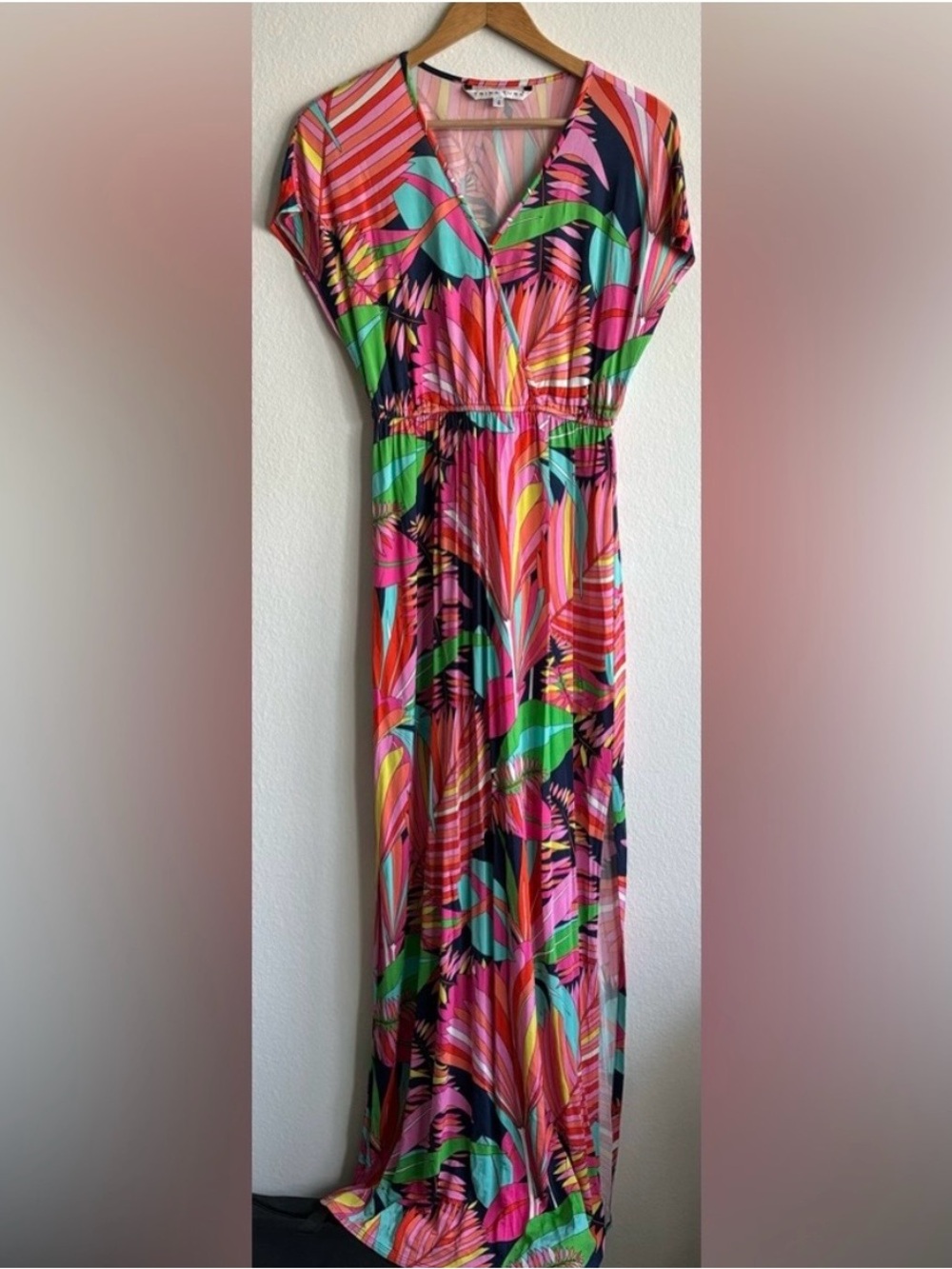 Trina Turk Tropical Palm print maxi dress/Multicolor/V-neck/Made in USA/NWOT - Picture 1 of 4